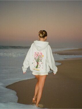Ivory Floral Bouquet Graphic Hoodie - Women's Oversized Sweatshirt